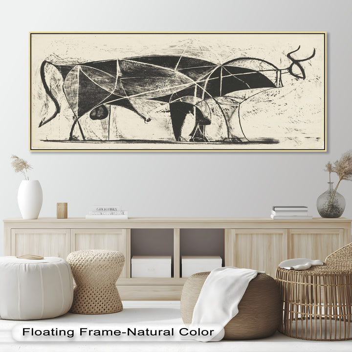 An expressive modernist composition of abstracted animals, defined by contrast, structure, and flowing lines.