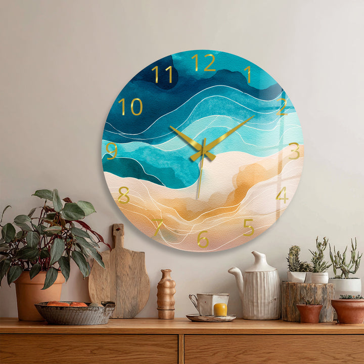 Abstract Coastal Glass Wall Clock – Blue Ocean Wave Decor