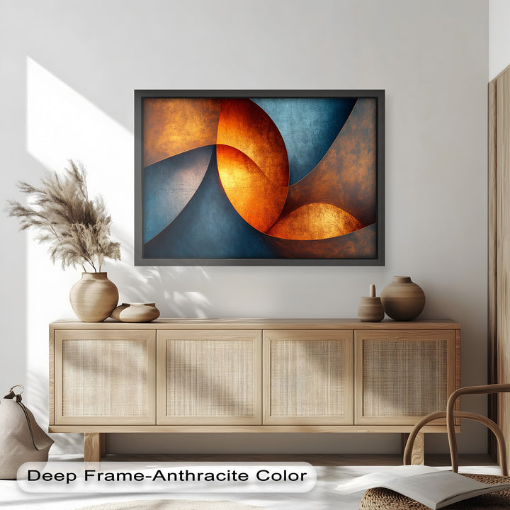 Modern abstract painting with radiant copper curves and deep blue shadows.
