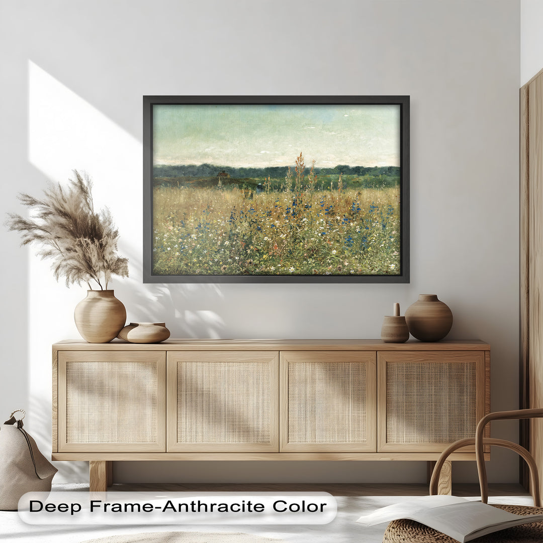 A serene impressionist landscape painting depicting a vast meadow filled with wildflowers, with a distant cottage nestled among rolling green fields.