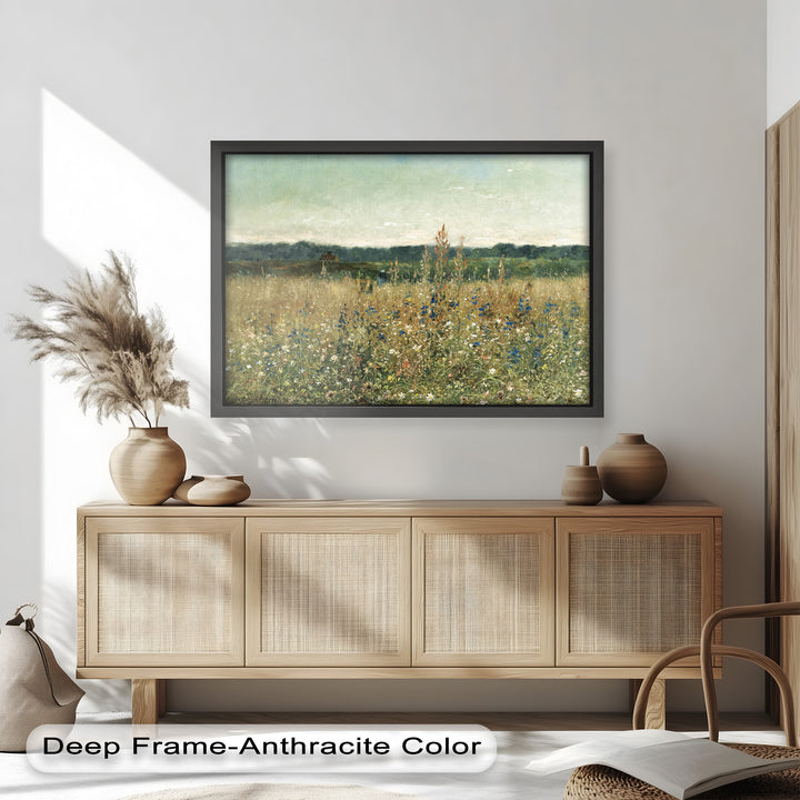 A serene impressionist landscape painting depicting a vast meadow filled with wildflowers, with a distant cottage nestled among rolling green fields.