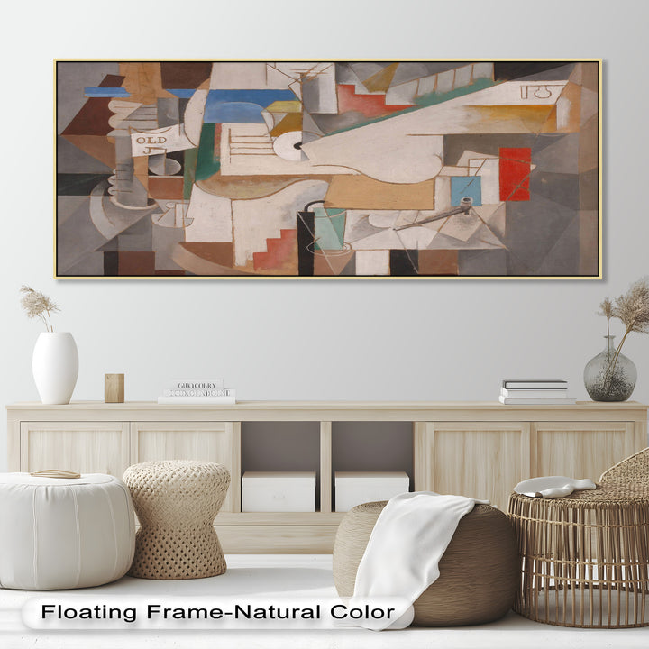 A harmonious arrangement of cubist elements in beige, gray, and red tones, creating a sense of rhythm and architectural depth.