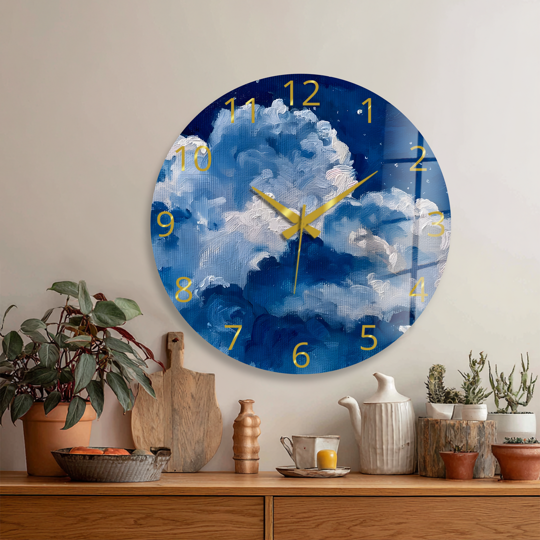 Blaue Wolke Glaswanduhr – abstrakte Himmelswanddekoration