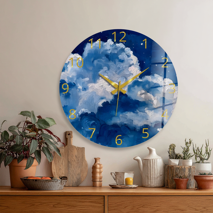 Blaue Wolke Glaswanduhr – abstrakte Himmelswanddekoration