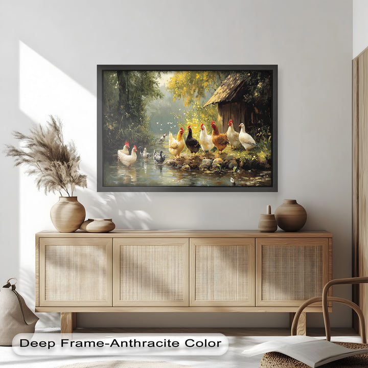 Country Farmyard Chickens by the Stream – Animal Oil Painting