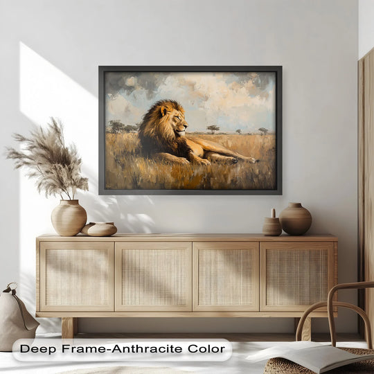 Foreground detail shows a majestic lion in the Majestic Serengeti King oil painting artwork, rendered with rich, earthy tones that bring a sense of the wild into home decoration.