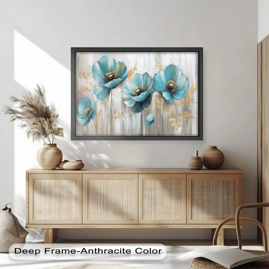 Curvaceous teal petals and golden, textured stamens define the organic forms of these poppy oil painting art prints, presenting a modern floral display.