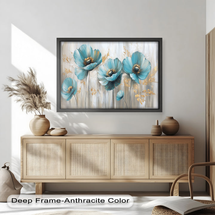 Blue Poppies with Metallic Accents - Flower Oil Painting