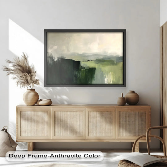 Depth and layers of tranquil greens define this serene landscape abstract oil painting decoration, suggesting misty hills and veil-like forest tones in the modern artwork.