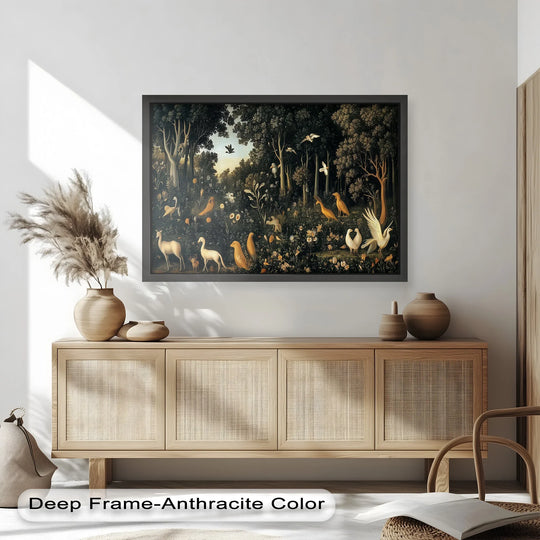 Horizontal and rectangular, the garden of grace oil painting artwork depicts a vibrant eden scene with birds, deer, and lush flora.