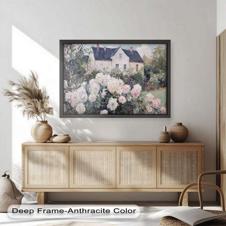 Cottage Garden Roses – Impressionist Floral House Scene Oil Painting