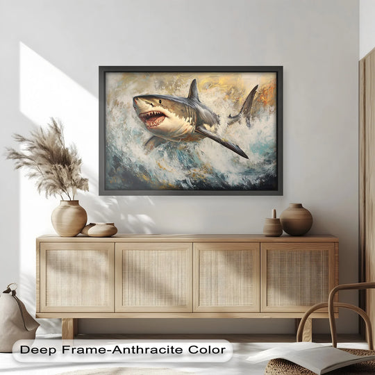 Bold color contrast highlights the ferocious great white shark in this dynamic animal oil painting art piece, leaping through crashing ocean waves.