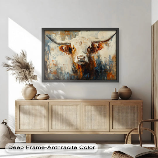 Showcasing the textured material quality of this oil painting art prints, a rustic highland cow animal art piece is presented with bold brushstrokes and cream-colored fur.