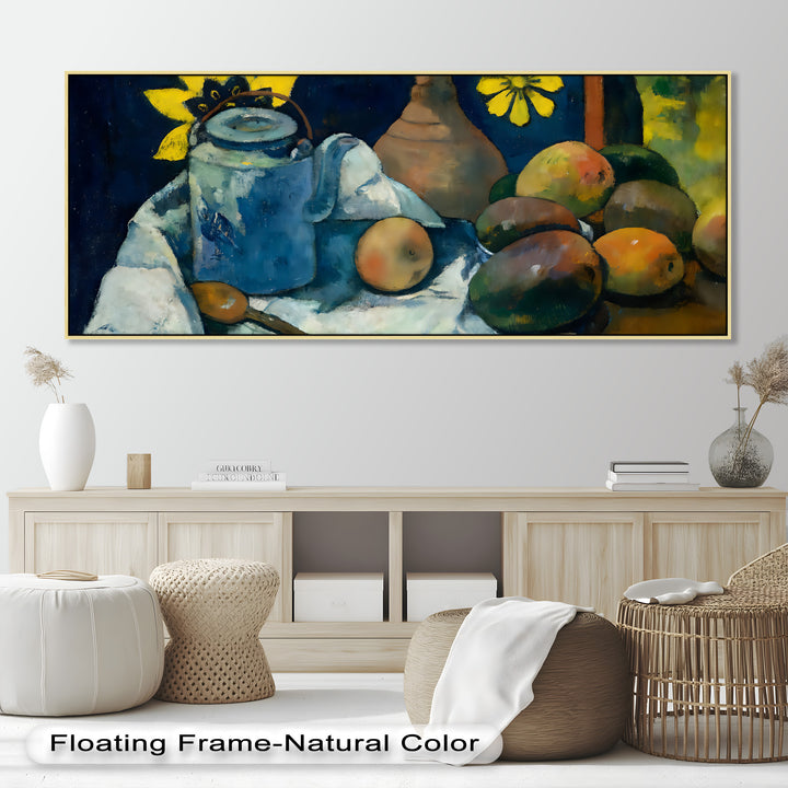 Rustikales Stillleben mit Mangos und Teekanne – Food Paintings