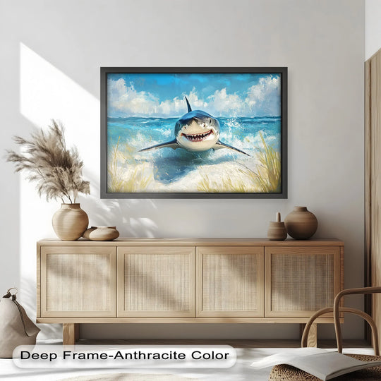 Beaches and sky form the dynamic background for this animal oil painting wall art, featuring a smiling shark near the shore.