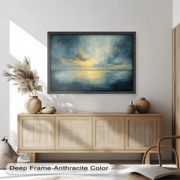 A peaceful transition between night and day, this artwork creates a calming focal point with its harmonious blend of color and light.

