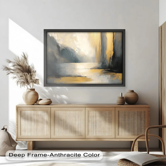 Framed neutral abstract oil painting artwork features juxtaposed rectangular and triangular shapes forming a serene waterfall in a geometric composition.