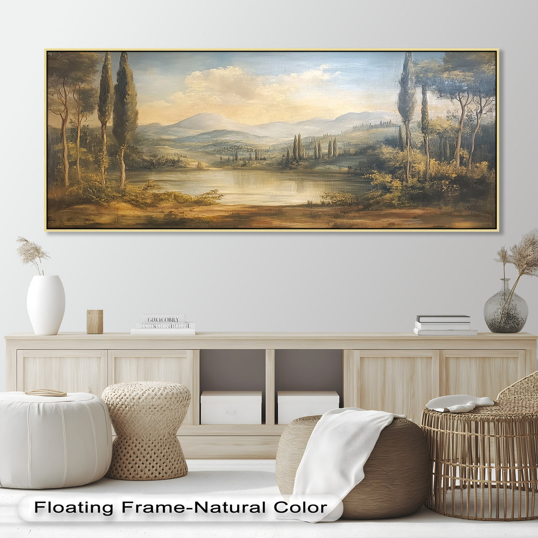 This timeless landscape painting captures a tranquil lake nestled among rolling Tuscan hills, framed by slender cypress trees and bathed in golden sunlight.