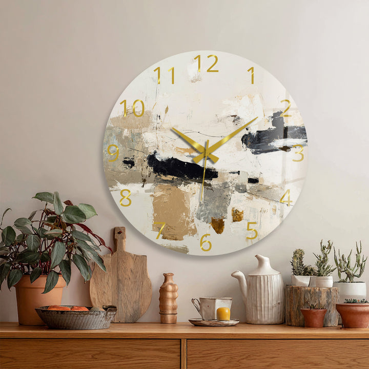 Neutral Abstract Glass Wall Clock – Black and Beige Modern Art