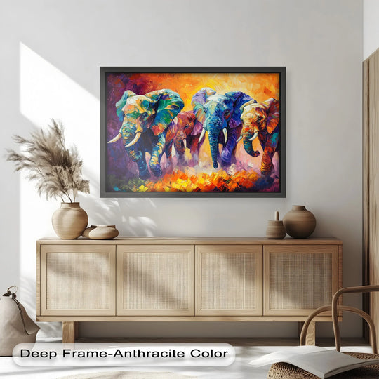 Impasto brushstrokes create depth and layers in this colorful elephant herd oil painting art piece, offering a vibrant and textured animal scene.