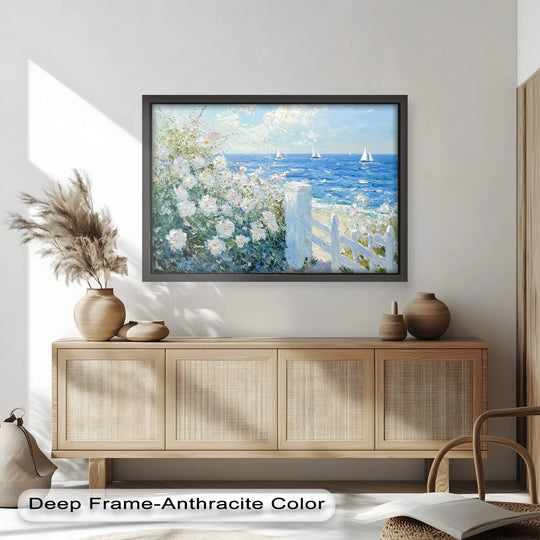 Horizontal, rectangular oil painting art prints showcase a vibrant, impressionistic scene of a white rose garden overlooking the ocean with sailboats.