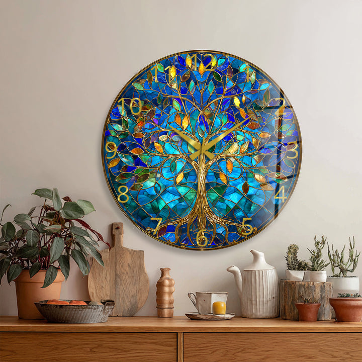 Blue Tree of Life Glass Wall Clock – Gold Stained Glass Style