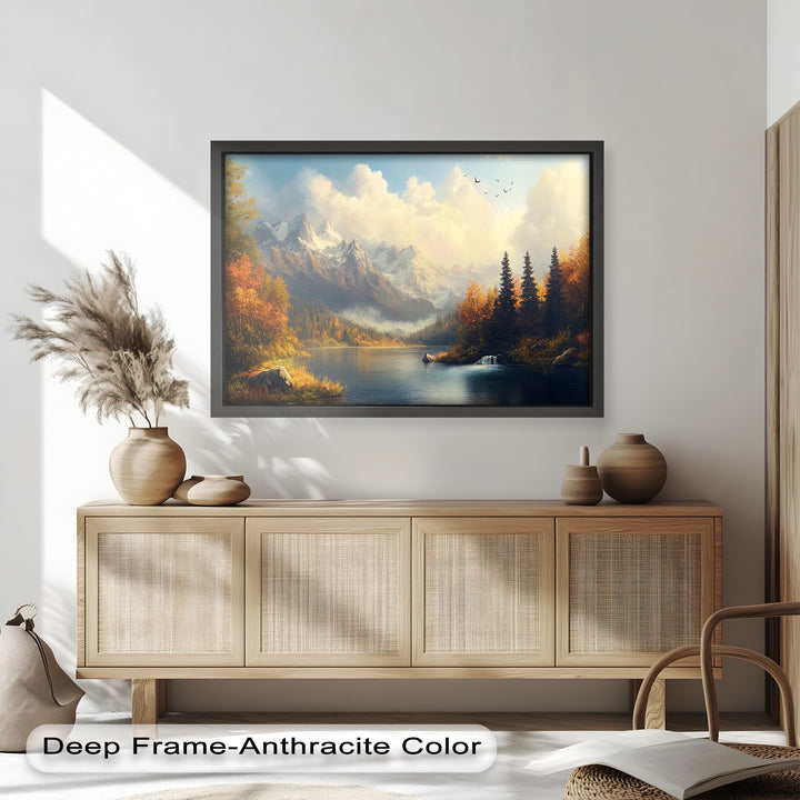 A small waterfall adds a touch of movement to the stillness, while birds soar overhead, enhancing the feeling of freedom and connection with nature.
