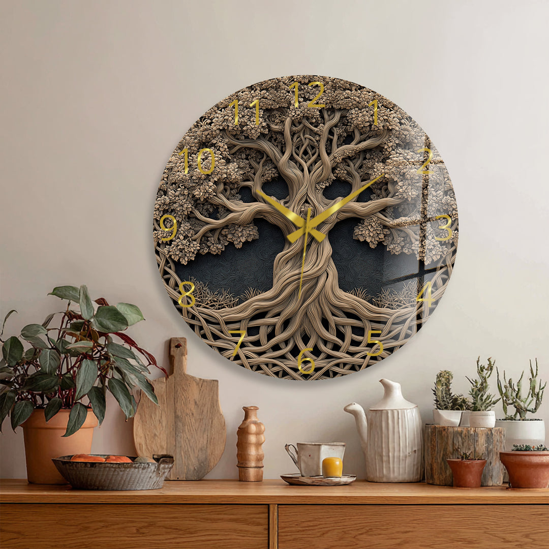 Baum des Lebens Glas-Wanduhr – Rustikale geschnitzte Holzoptik
