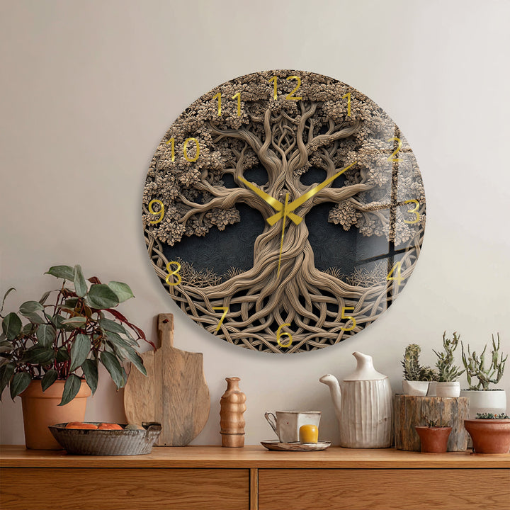 Baum des Lebens Glas-Wanduhr – Rustikale geschnitzte Holzoptik