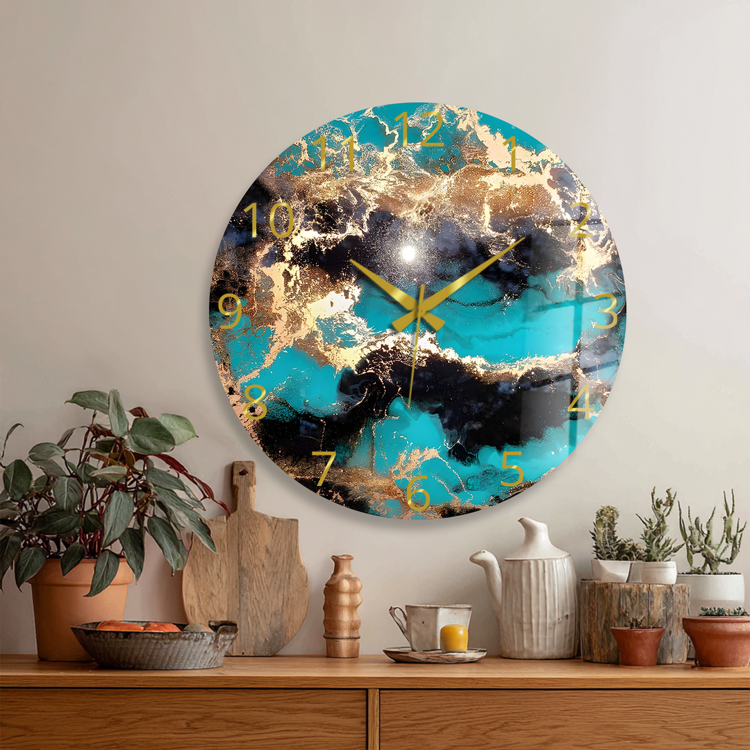 Turquoise and Gold Glass Wall Clock – Abstract Marble Decor