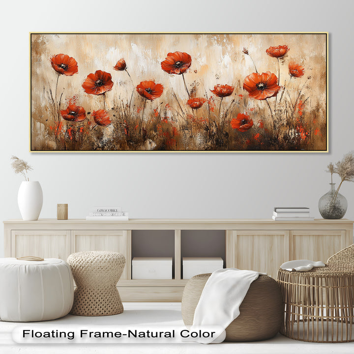 Red Poppies in Earth-Toned Harmony - Flower Oil Painting