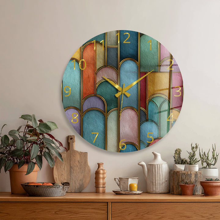 Art Deco Glass Wall Clock – Colorful Geometric Arch Decor