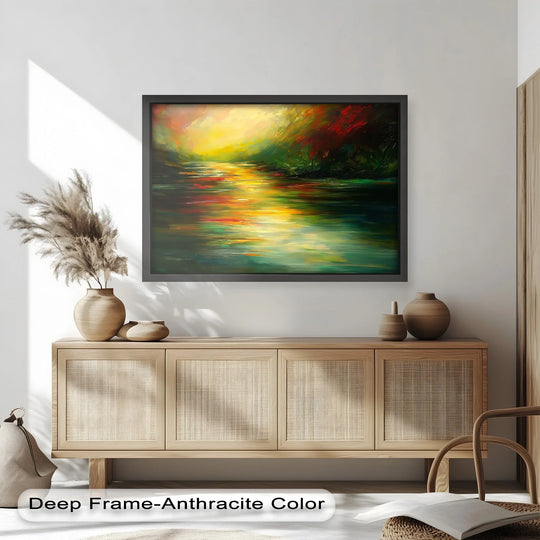 Geometric composition showcasing the modern oil painting art in 'Radiant Silence,' with sharp lines defining the abstract, golden light reflections and creating dynamic focal points.