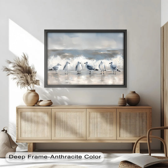 Coastal home decor is amplified by this striking seagulls and surf oil painting reproduction print, capturing the lively energy of seabirds at the ocean's edge.