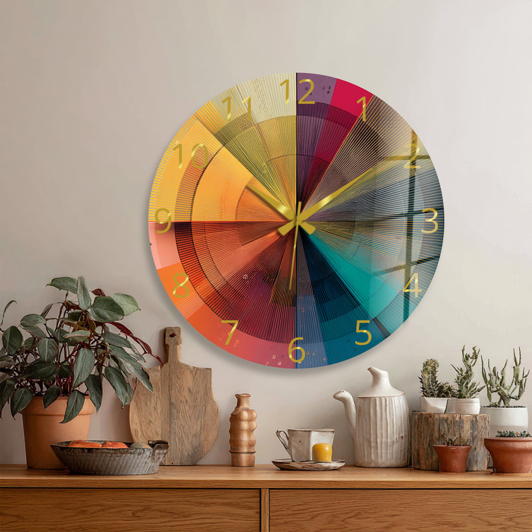 Colorful Geometric Glass Wall Clock – Retro Radial Art