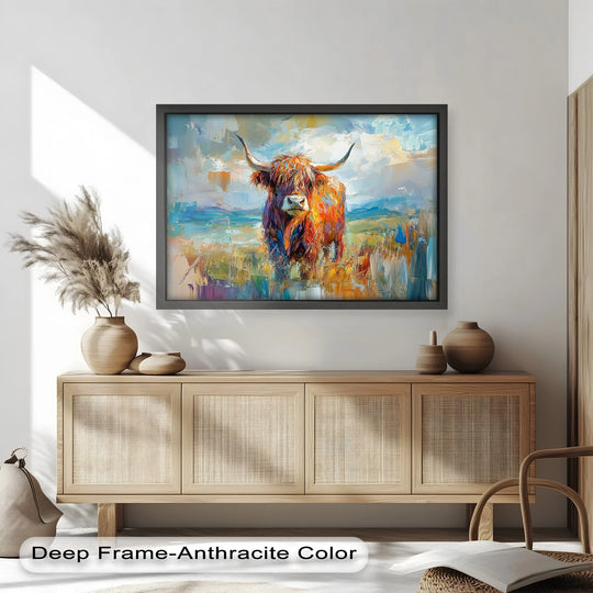Deep frame in an anthracite color enhances the textural finish of this highland cow in windswept fields oil painting artwork.