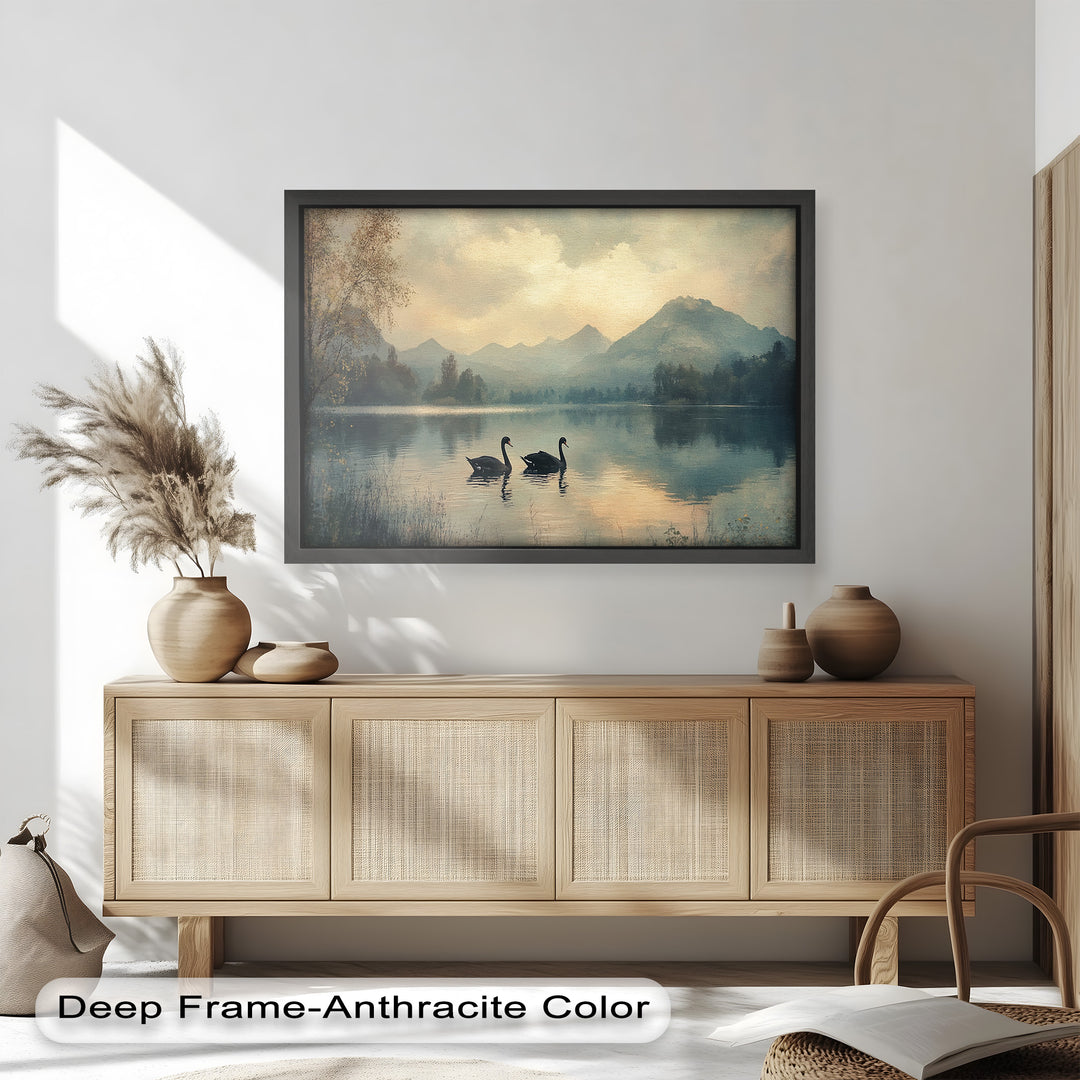 Black Swans on a Mountain Lake – Modern Oil Painting