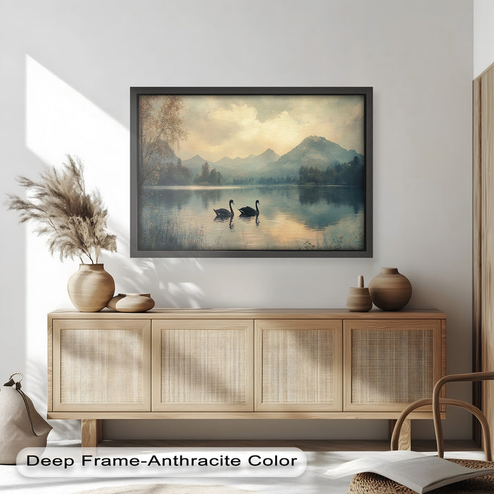 Black Swans on a Mountain Lake – Modern Oil Painting