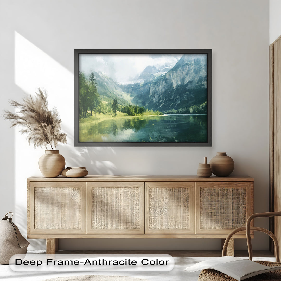 A breathtaking mountain lake reflects the lush greenery and towering cliffs, creating a serene and immersive nature scene bathed in soft, diffused light.