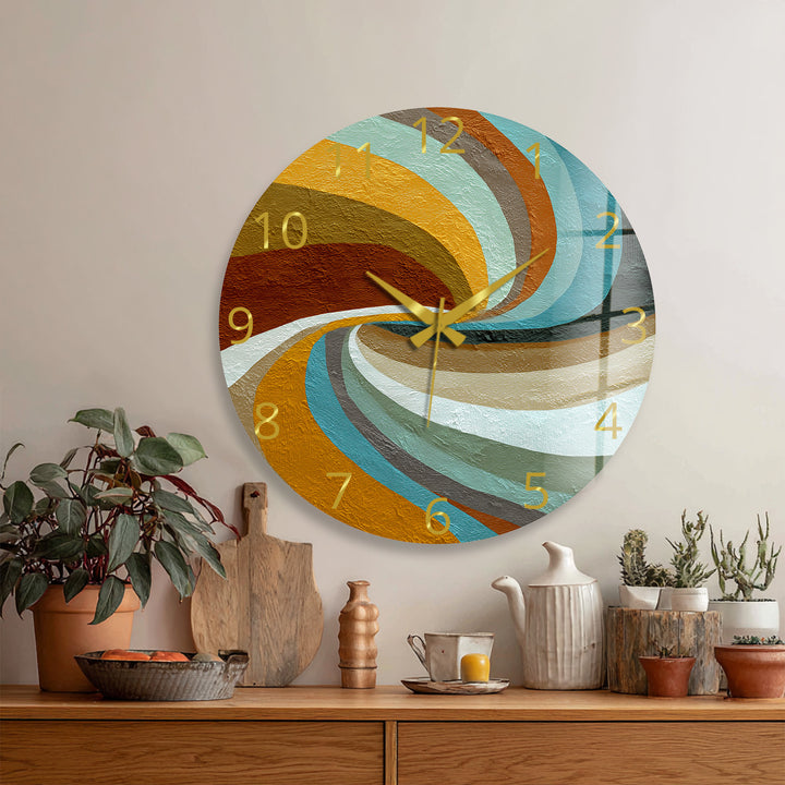 Retro Wave Glass Wall Clock – Teal and Mustard Abstract Decor