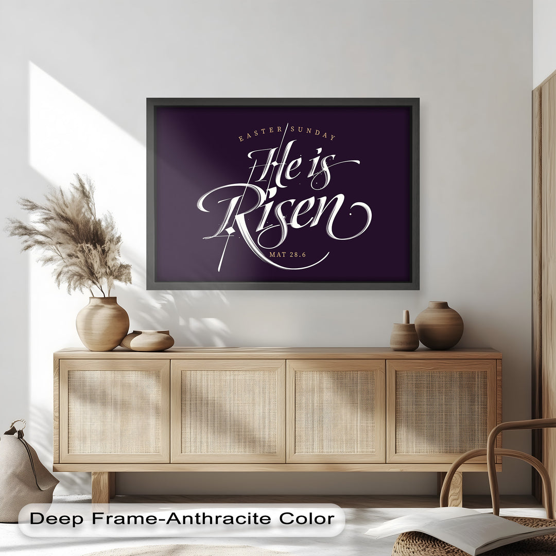 He Is Risen Easter wall art – Elegant scripture decor with Matthew 28:6.
