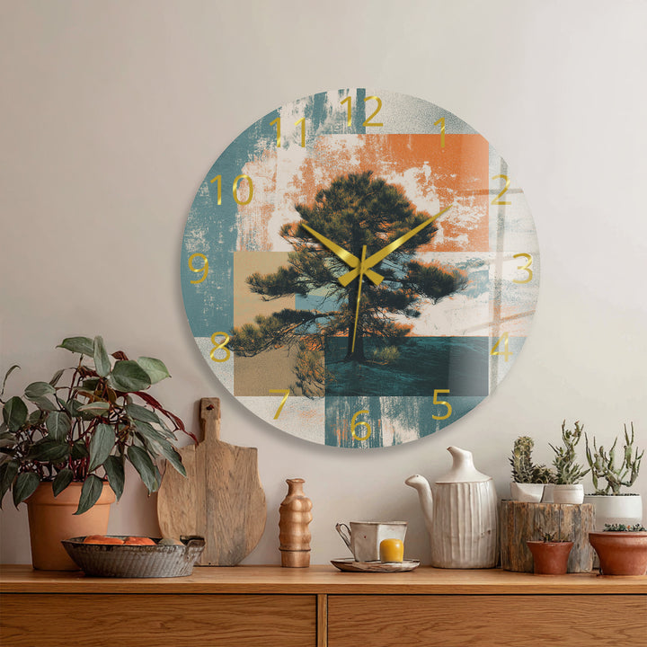 Mid Century Pine Tree Glass Wall Clock – Retro Nature Decor