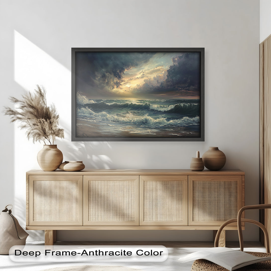 This breathtaking seascape painting captures crashing waves beneath a dramatic sky, as sunlight breaks through storm clouds in a moment of natural beauty.

