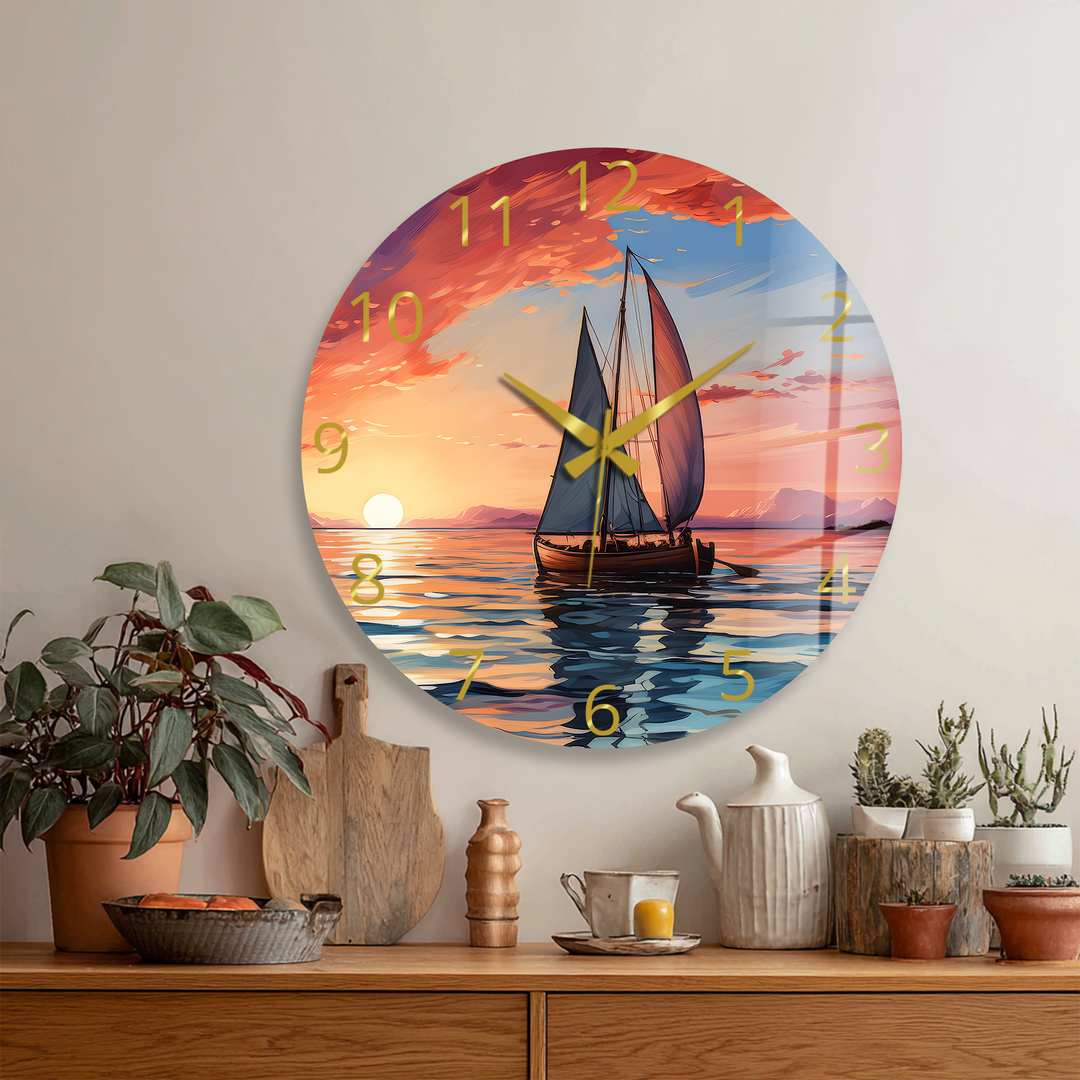 Sunset Sailboat Glass Wall Clock – Coastal Nautical Decor