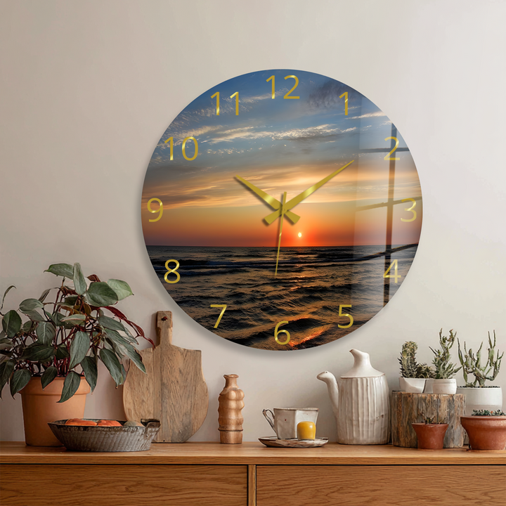 Ocean Sunset Glass Wall Clock – Coastal Beach Decor