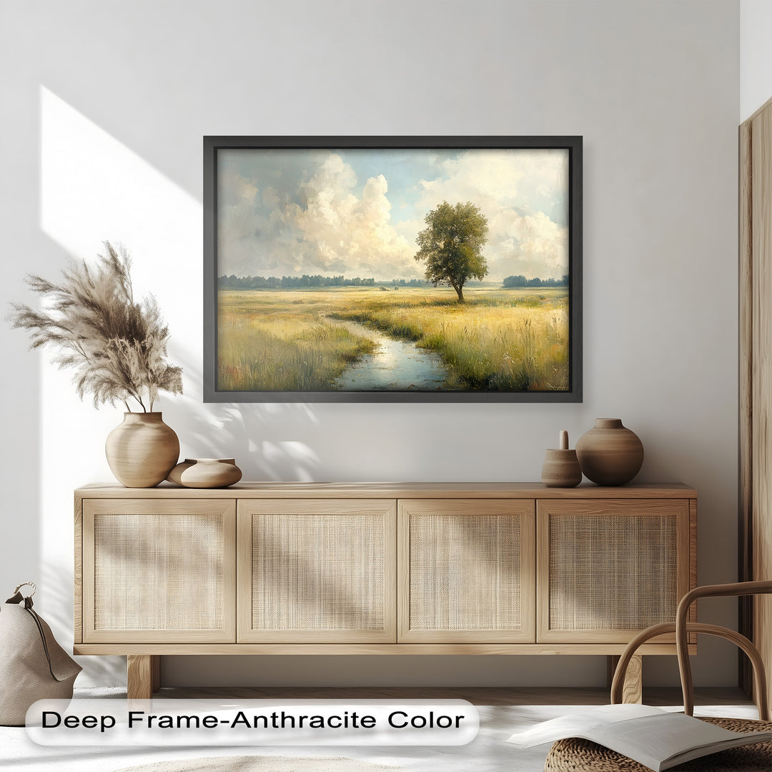 A timeless nature-inspired artwork showcases the tranquility of an untouched meadow, where the gentle ripples of a small stream mirror the dreamy hues of the sunlit sky.