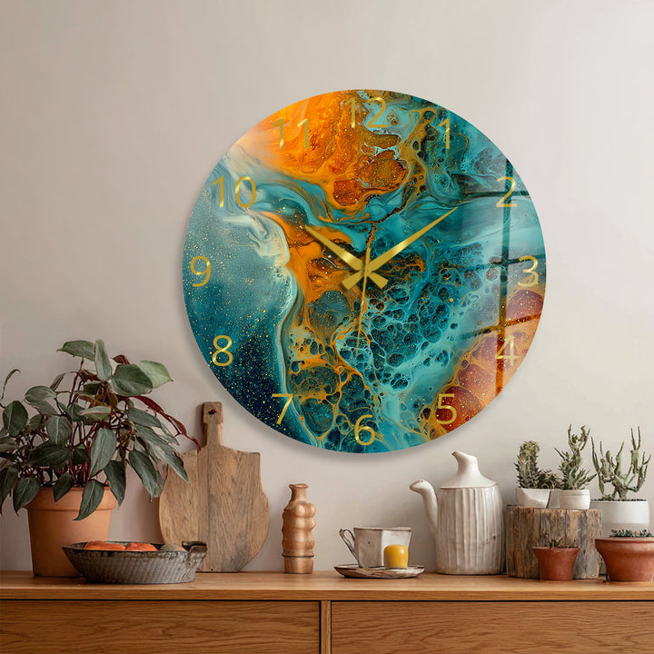 Fluid Art Glass Wall Clock – Teal and Gold Abstract Pour Decor