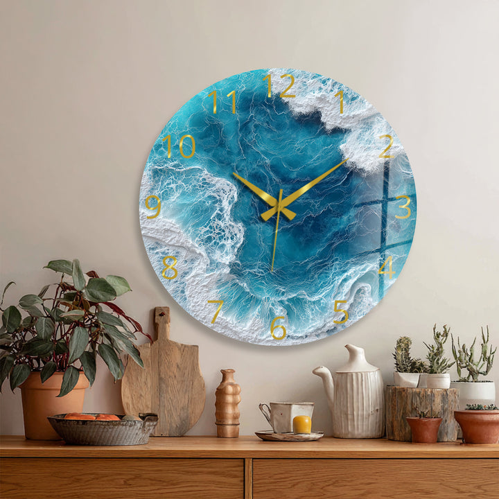 Ocean Waves Glass Wall Clock – Blue Coastal Beach House Decor