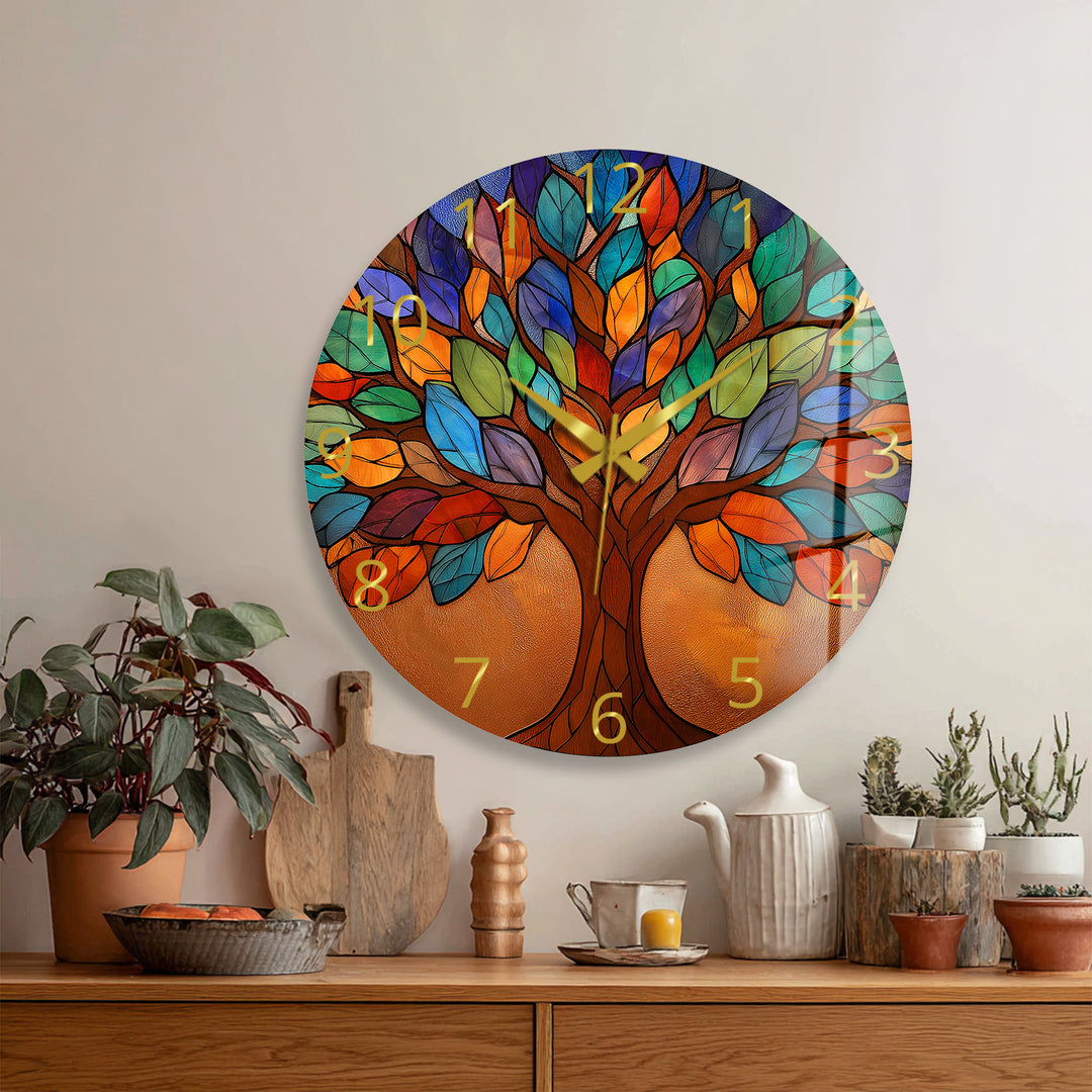 Bunte Glas-Wanduhr „Baum des Lebens“ – Buntglas-Stil