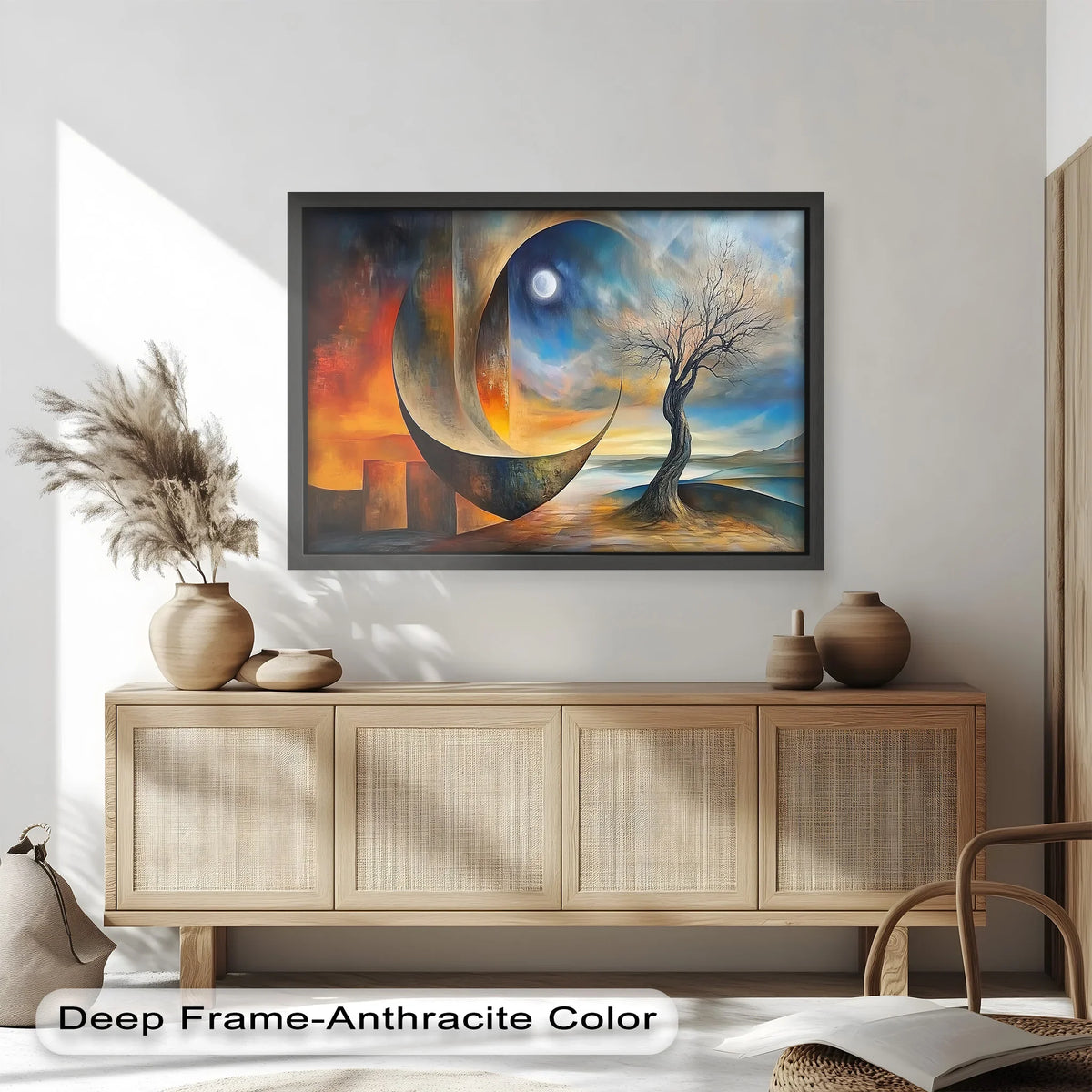 Deep, dark edge of the framed 'Moonlit Tree and Surreal Horizon' abstract oil painting decoration contrasts the vivid colors and dreamlike qualities within the artwork.